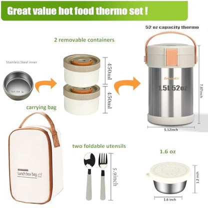 Audult Hot Food Thermo 52 oz Insulated Food Container,1.5L 2 Layer Stainless Steel Vacuum Thermal Lunch Box Soup Food Thermo, Stackable Hot Food Jar Bento Box for Men, Women - color: Stainless Steel (simple)