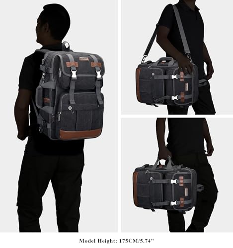 WITZMAN Canvas Travel Backpack for Men Large Laptop Backpack Fit 16 inch Carry-on Airline Approved Convertible Shoulder Rucksack(A6617-3 Black) - color: Black