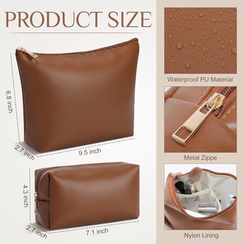 Kigeli 2 Pcs PU Leather Makeup Bag Set for Women Waterproof Aesthetic Cosmetic Bag Large & Small Travel Toiletry Organizer Pouch Skincare Organizer Bridesmaid Mother's Day Birthday Gift(Brown) - color: Brown