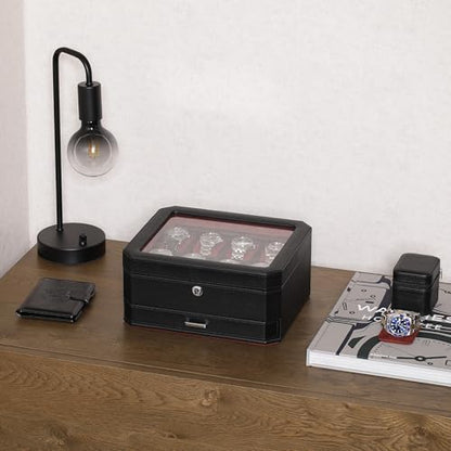 ROTHWELL 8 Slot Leather Watch Box with Valet Drawer - Luxury Case Display Jewelry Organizer, Locking Display Case Holder, Real Glass Top - Watch Box Organizer for Men & Women (Black/Red) - color: 8 Slot - Black/Red