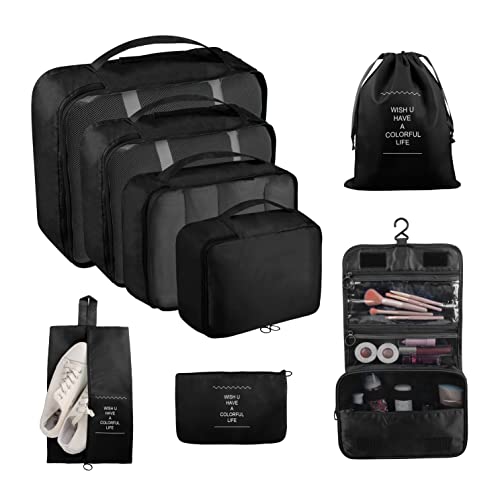 Packing Cubes, 8 Pcs Travel Packing Organizers for Suitcases, Large Capacity Travel Luggage Organizers Set includes 8 Storage Bags, Travel Essentials for Women or Men (Black) - color: Black
