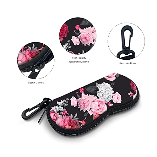Sunglasses Soft Case with Carabiner Ultra Light Neoprene Zipper Glasses Case - color: Black Flower