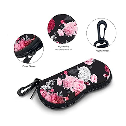 Sunglasses Soft Case with Carabiner Ultra Light Neoprene Zipper Glasses Case - color: Black Flower