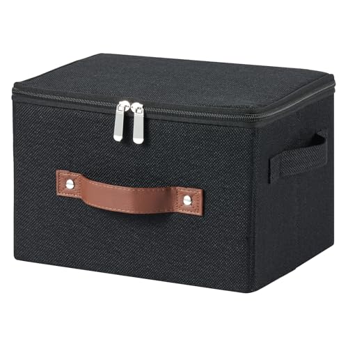 Storage Bins with Zipper Lid Cotton Linen Fabric Lidded Storage Baskets Boxes Foldable Washable Closet Shelf Clothes Organizer Container with PU Leather Handles (Black, Small Size) - color: Black, size: Small ( Set of 1 )