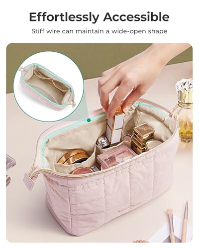 BAGSMART Makeup Bag Travel Cosmetic Bag, Puffy Padded Make Up Bags for Women Makeup Organizer Case, Wide-open Pouch Purse Travel Essentials Toiletries Accessories Brushes, Grayish Purple - color: 03-Dusty Lavender Purple