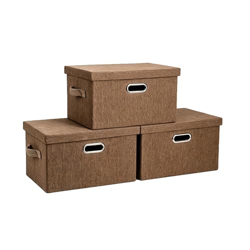 Collapsible Storage Bin with Lid Linen Fabric Foldable Storage Box Organizer with Cover Suitable for Home Bedroom Office Nursery (Brown, Small-3Pack) - color: Brown, size: Small-3Pack