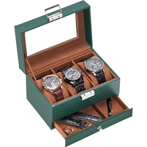 ProCase Watch Box, 3 Slot Watches Display Case with Drawer, Mens Watch Case with Glass Lid, 2-Layer Mens Jewelry Organizer Storage Holder, Birthday Valentine Gifts for Men-3 Slot, MidnightGreen - color: Midnight Green, size: 3-Slot