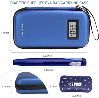 suzamed Insulin Cooler Travel Case,EVA Insulation Travel Medicine Kit with Temperature Display for Diabetes Care,Insulin Pen and Other Diabetic Suppliess (Blue-Temp) - color: Blue-temp