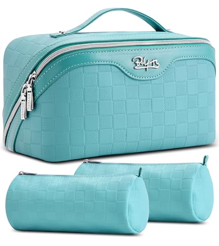 BOYATU Checkered Travel Makeup Bags: Vacation-Ready Light Blue Large Capacity Cosmetic Bag for Women - 3 Pcs Set Toiletry Organizer with Waterproof Leather - Easy to Clean Beach Trip Essential - color: 01-C-Blue