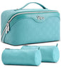 BOYATU Checkered Travel Makeup Bags: Vacation-Ready Light Blue Large Capacity Cosmetic Bag for Women - 3 Pcs Set Toiletry Organizer with Waterproof Leather - Easy to Clean Beach Trip Essential - color: 01-C-Blue