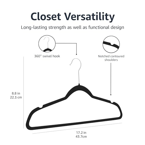Amazon Basics Slim Velvet Non-Slip Space Saving Suit Clothes Hangers, Closet Organizer, Black/Silver, 100-Pack - color: Black, size: Pack of 100