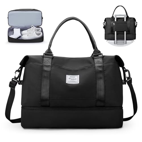 Travel Duffel Bag with Shoes Compartment, Overnight Weekender Bags for Women,Carry on Personal Item Bag - color: A-Black, size: Large