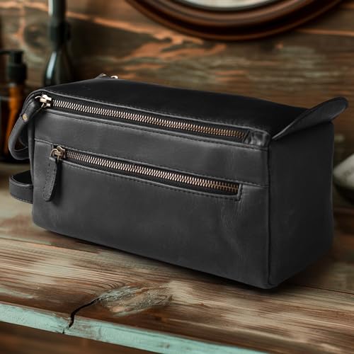 LEATHER VILLAGE Genuine Leather Travel Toiletry Bag - Water-Resistant Dopp Kit for Toiletries, Large Shaving Bag & Bathroom Organizer - Gift for Men & Women - Distressed Black - color: Distressed Black