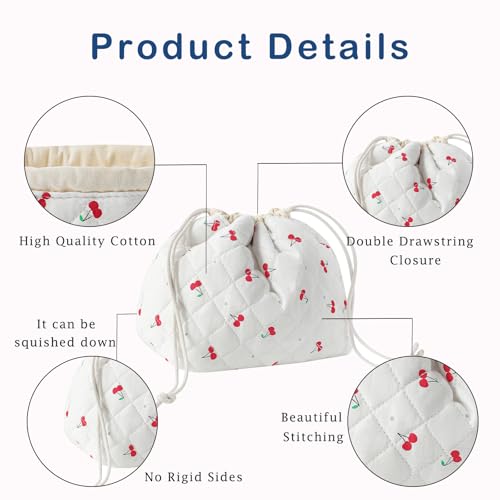 uekeboag Cotton Quilted Drawstring Makeup Bag with Canvas Lining,Coquette Aesthetic Cute Travel Toiletry Bag,Drawstring Gift Bag for Women and Girls(01Cherry) - color: 01Cherry