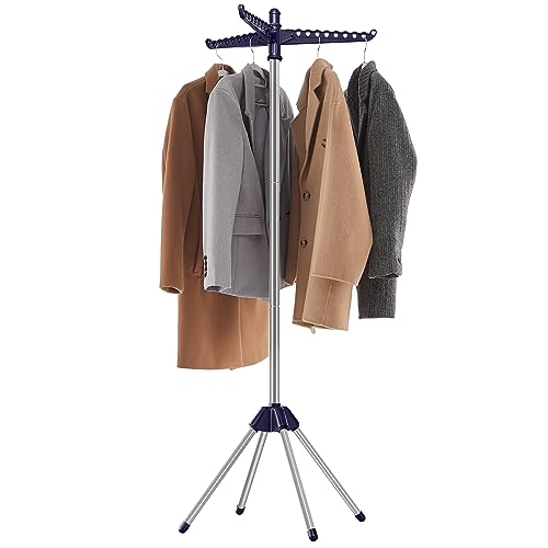 SONGMICS Clothes Drying Rack, 59-Inch Folding Laundry Drying Rack with 3 Rotatable Arms for Hangers, 4 Legs, Stainless Steel, for 27 Pieces of Clothes, Blue and Silver ULLR510Q01 - color: Blue + Silver, style: 1-Tier