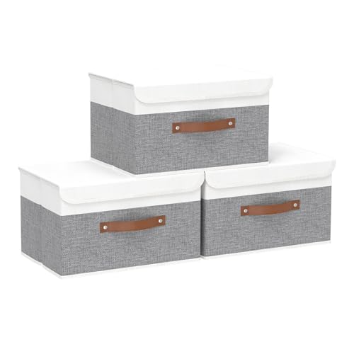 Yawinhe Collapsible Storage Bin, Cube Organizer Basket, Fabric Box with Lids, Washable and Leather Handle, for Home, Closet, White/Grey, 13.0''Lx9.0''Wx7.9''H, 3-Pack, SNK024WGS-3 - color: White/Grey, size: M/(3 Pack)