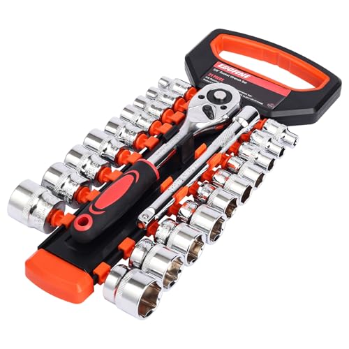 Egofine 21pcs 3/8 Inch Ratchet Socket Wrench Set, Drive Socket Set with 19 Sockets, 6-24mm sockets and 2 Way Quick Released Ratchet Handle and Extension Bar - size: 3/8, style: 21PC Standard Socket Set