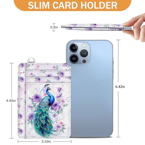 Yonlevres Credit Card Holder Slim Wallet, Peacock RFID Wallet Women Front Pocket Small Card Holder, Cute Travel Thin RFID Blocking Card Organizer Card Case ID Window PU Leather Girl Ladies - color: Peacock