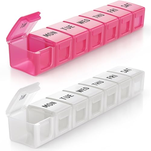 BUG HULL Weekly Pill Organizer Large 2 Packs, Extra Large Travel Pill Organizers, Pill Box 7 Day, Travel Pill Case, Medicine Pill Organizer for Vitamins, Supplements and Medications (White+Red) - color: White + Red