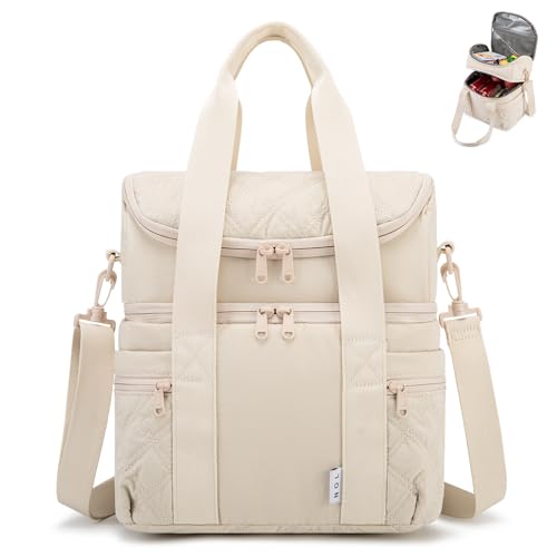 NOL Natural Organic Lifestyle Lunch Bag for Women - Large Double Deck Insulated Lunch Box Leakproof Reusable Lunch Cooler Puffer Lunch Tote Bag with Multiple Pockets for Work Picnic, Cream - color: Cream, size: Large