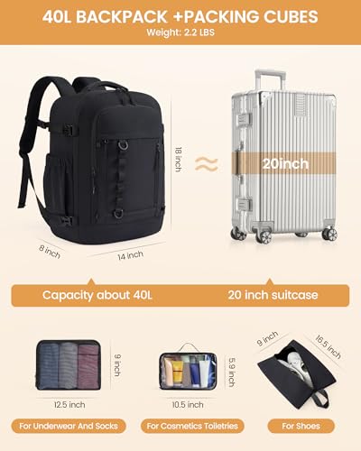 LOVEVOOK 40L Travel Backpack for Men Women, Waterproof Carry On Backpack for Work & Travel, Flight Approved Personal Item with 3 Packing Cubes, TSA Bag Fits 17.3" Laptop,Black - color: Black, size: Large-40L-4Pcs