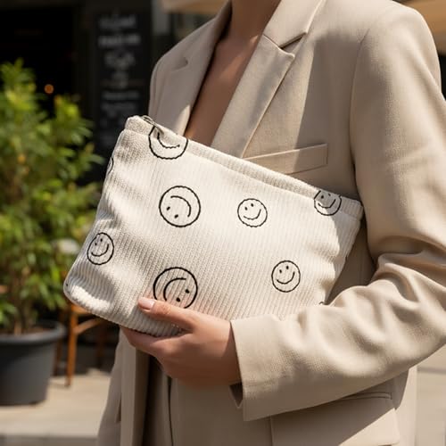 Corduroy Makeup Bag - Smiley Face Cosmetic Bags for Women, Large Skincare Travel Must Have Items, Cute Pouch Organizer and Toiletry Bag for Purse (Beige) - color: Beige