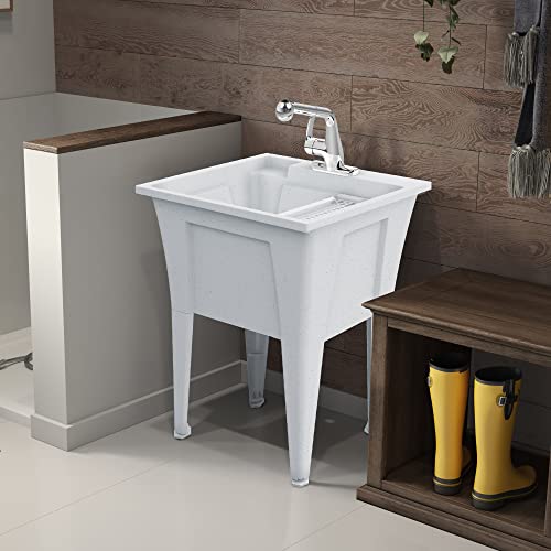 Freestanding Utility Sink with One Handle Chrome Faucet - 24" Plastic Utility Sink for Garage, Laundry, Indoor and Oudoor Use - Laundry Tub Kit by Noah William Home - White (19.5 gal) - color: White - One handle chrome faucet