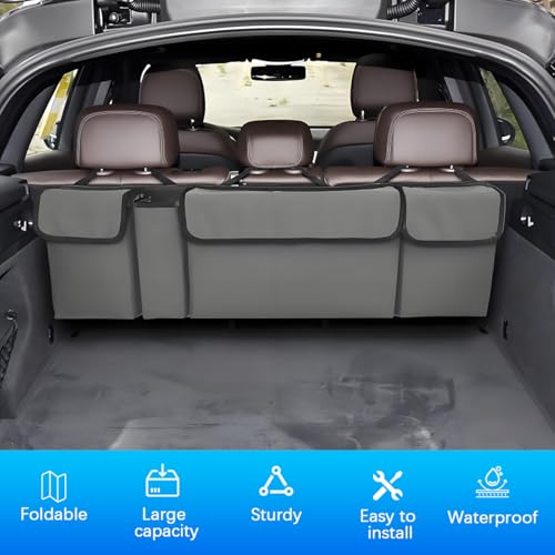 Car Trunk Organizer with Lid, Large Waterproof Vehicle Backseat Hanging Storage Bag with 4 Pockets & Adjustable Straps, Collapsible Automotive Interior Cargo Bag, Universal Fit (Grey) - color: Grey