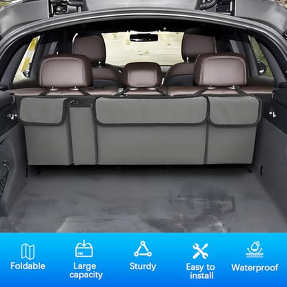Car Trunk Organizer with Lid, Large Waterproof Vehicle Backseat Hanging Storage Bag with 4 Pockets & Adjustable Straps, Collapsible Automotive Interior Cargo Bag, Universal Fit (Grey) - color: Grey