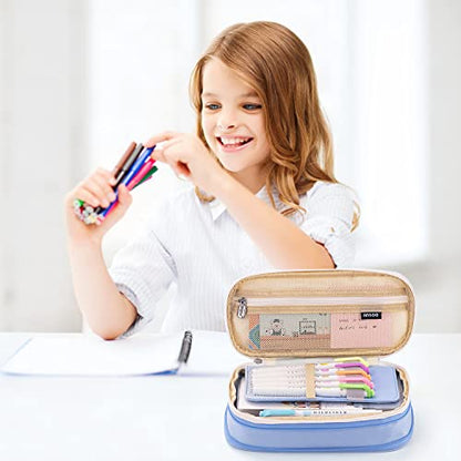 MAMUNU Large Capacity Pencil Case, Expandable Stationery Bag with Zipper Compartments, Aesthetic Pencil Case Pouch for Office College School Students Teen Girls Boys - color: LightBlue