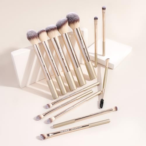 MAANGE 13 PCS Makeup Brushes Professional Make Up Brushes Premium Synthetic Powder Concealers Brushes Travel Makeup Brush Set with Case (Champagne) - color: Champagne