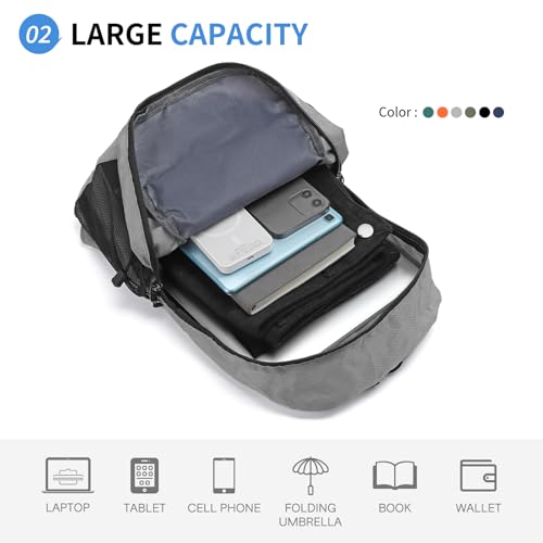 Hiking Daypack Packable, Camping Backpack Water Resistant Lightweight Polyester for Men Women Travel Outdoor - color: Gray