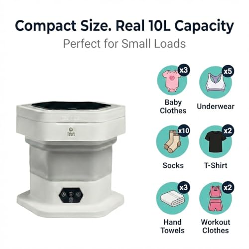 Portable Folding Washing Machine, 12L Mini Washer for Baby Clothes, Underwear, Delicates - Foldable, Quiet, Space-Saving Laundry Machine for Travel, Dorms, Apartments, Camping, Small Loads