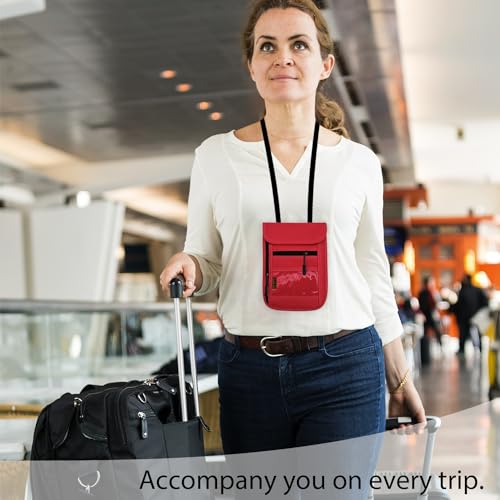 RFID Blocking Travel Neck Wallet Pouch and Passport Holder, Travel Neck Pouch Passport Holder for Women & Men - Red - color: Red