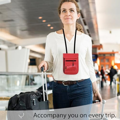 RFID Blocking Travel Neck Wallet Pouch and Passport Holder, Travel Neck Pouch Passport Holder for Women & Men - Red - color: Red
