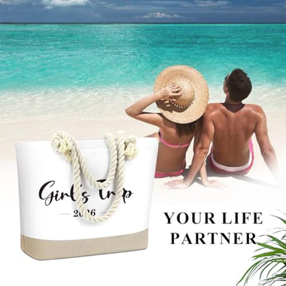 Fokongna Tote Bag For Women, Beach Bag Best Friend Travel Birthday Gifts, Travel Parties Vacation Shopping Essentials - color: Girls Trip White
