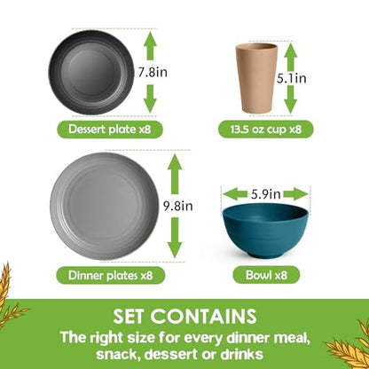 Teivio 32-Piece Kitchen Plastic Wheat Straw Dinnerware Set, Service for 8, Dinner Plates, Dessert Plate, Cereal Bowls, Cups, Unbreakable Colorful Plastic Outdoor Camping Dishes, Cerulean Hues - color: Cerulean Hues