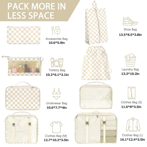 8 Set Packing Cubes for Travel, Luggage Packing Organizers Accessories Large Toiletries Bag for Clothes Shoes Cosmetics (Khaki Checkered) - color: 8Set-Khaki Checkered