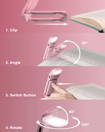 HEMONNKAM Book Reading Light, Rechargeable Clip on Booklight, Eye Caring 3 Color Temperatures & 5 Brightness Levels, Night Use for Bed, Long Lasting, Reading at Night in Bed, Pink - color: Pink