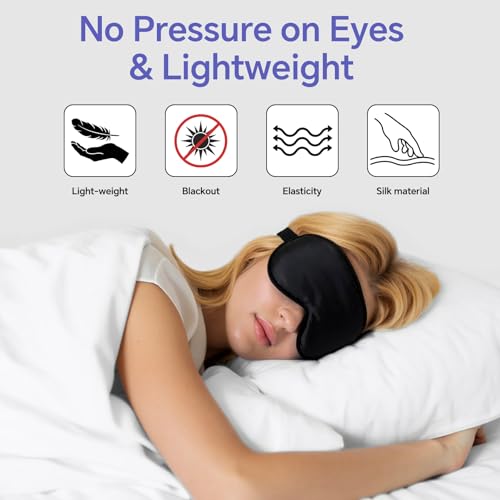 Flat Sleep Eye Mask for Men Women, Silk Sleep Mask for Side Sleeper, Travel Blackout Night Blindfold Eye Shade Cover with Adjustable Strap, Non-3D (Black & Black) - color: Black & Black