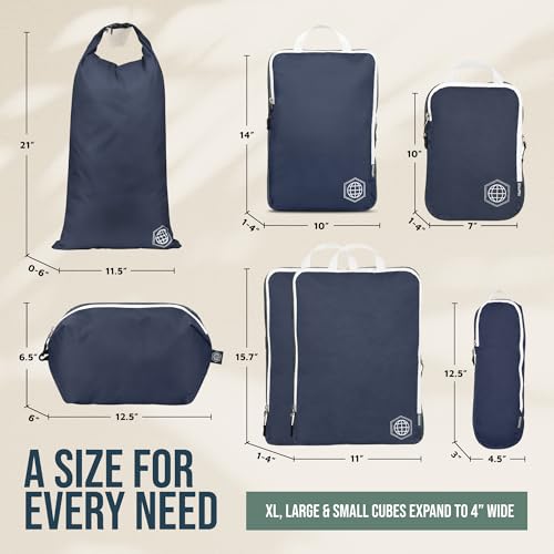 Large Compression Packing Cubes for Travel-Packing Cube Luggage Organizers 7 Piece Set for Checked Luggage-Ultralight, Expandable/Compression Bags by TRIPPED Travel Gear (Navy/White) - color: Navy/White