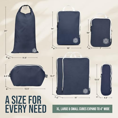 Large Compression Packing Cubes for Travel-Packing Cube Luggage Organizers 7 Piece Set for Checked Luggage-Ultralight, Expandable/Compression Bags by TRIPPED Travel Gear (Navy/White) - color: Navy/White