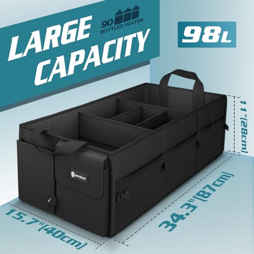 Sposuit Extra Large Trunk Organizer 98L Collapsible Car Storage Trunk Organizer with Removable Dividers & Adjustable Securing Straps for Car SUV Van - color: Black, size: XX-Large