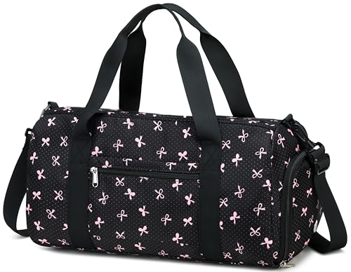 Gym Bag Sports Duffle Bag with Wet Pocket Weekender Overnight Bag with Waterproof Shoe Compartment for Girls Kids Women Travel Dance Yoga Workout Bag (Bow Pink-Black) - color: Bow Pink-Black