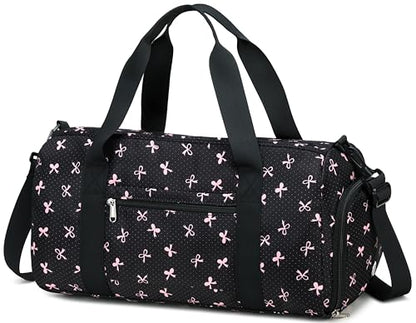 Gym Bag Sports Duffle Bag with Wet Pocket Weekender Overnight Bag with Waterproof Shoe Compartment for Girls Kids Women Travel Dance Yoga Workout Bag (Bow Pink-Black) - color: Bow Pink-Black