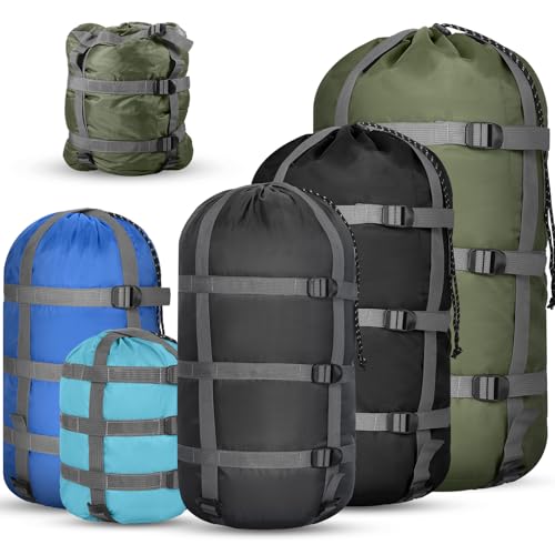 5 Pack Compression Stuff Sack 5 Assorted Size Sleeping Bag Stuff Sack Ultralight Sleeping Bag Cover Space Saving Gear for Travel Outdoor Camping Hiking Backpacking - color: Dark Color