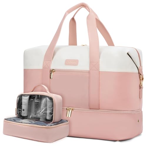 LOVEVOOK Weekender Bag for Women, Large Duffle Bag for Travel with 2 Packing Cubes, Carry on Overnight Bag with Shoe Compartment, Mom Hospital Bags for Labor and Delivery - color: Pink, size: 56L-3Pcs