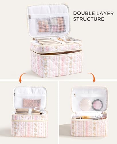 HBselect 2Pcs Travel Makeup Bag, Large Cotton Quilted Makeup Bag Cosmetic Bag Cute Make up Bag Toiletry Bags for Women Girls - color: 2PCS-Quilted Makeup Bag 3