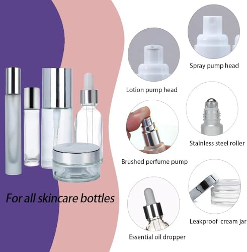 18Pack Glass Travel Bottles for Toiletries, TSA Approved Glass Travel Containers 1.35/0.7/1 oz Silver Small Travel Bottles with Label, BPA Free Leak Proof with Pump Spray Bottles for Makeup, Skincare - color: Silver-transparent glass