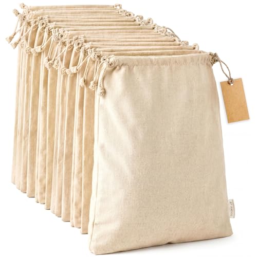 LEAFICO Multipurpose Eco Cloth Bags - Large 10x12 Inch (12 Pack) - Cotton Produce Storage Sacks - Muslin Drawstring Pouches for Vegetables - Bread Bags - Fabric Sachets - size: Large 10x12"